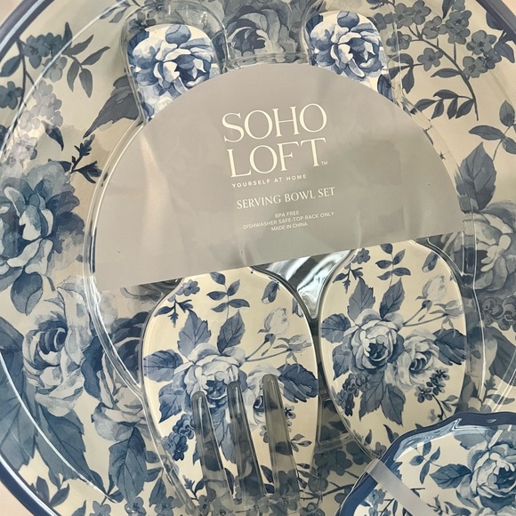 Shabby Chic Salad Pasta Bowl with Serving Utensils & 4 Bowls 7-Pc Set Soho Loft - Picture 4 of 6